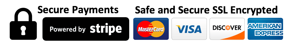 Secure Payments powered by Stripe. Safe and Secure SSL Encrypted. Logos for accepted payment methods: MasterCard, Visa, Discover, and American Express. A padlock icon is shown on the left, indicating security.