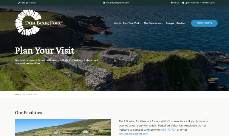 Screenshot of the Dún Beag Fort website. The page shows a header with contact info and opening hours, a navigation menu with "Plan Your Visit" highlighted, and a featured image of the fort on a coastal cliff. Below, there is a section detailing visitor facilities.