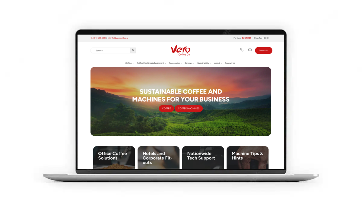 A laptop displaying a website for Vero Coffee Co. The homepage highlights "Sustainable Coffee and Machines for Your Business" with options to explore coffee and coffee machines. The site's navigation includes services, coffee machines, accessories, and support information.